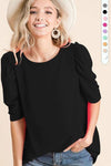 Black French Terry Top With Gathered Puff Sleeves