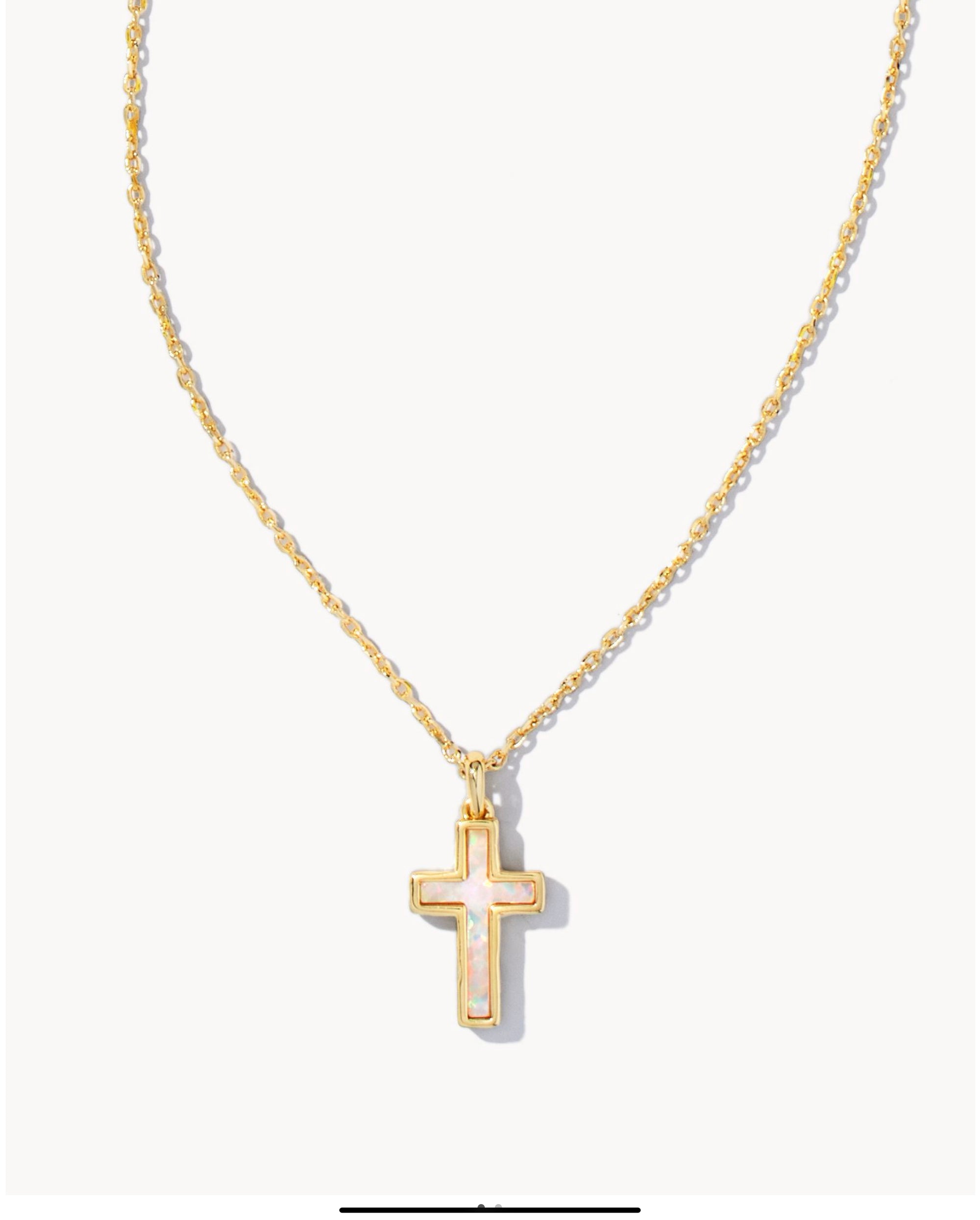 Cross Pendant Necklace Gold White Opal